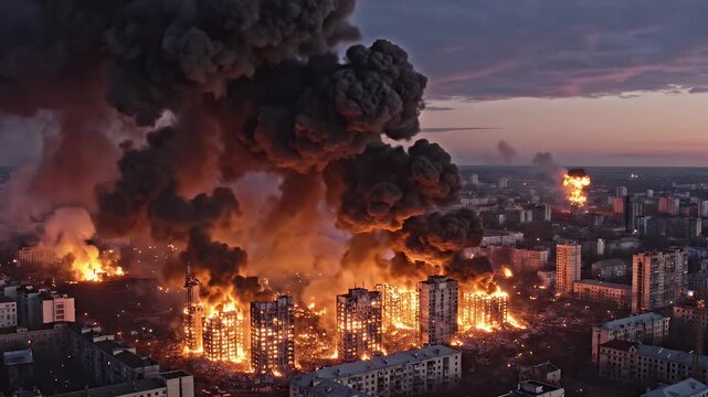 City engulfed in massive fire and smoke plumes at dusk.