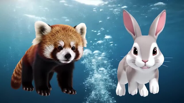 A red panda and a rabbit swim together underwater.