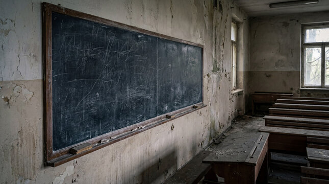 Blank Ruined Classroom Blackboard Heavily Scratched Found Inside Creepy Abandoned Lecture Hall Without Any Humans