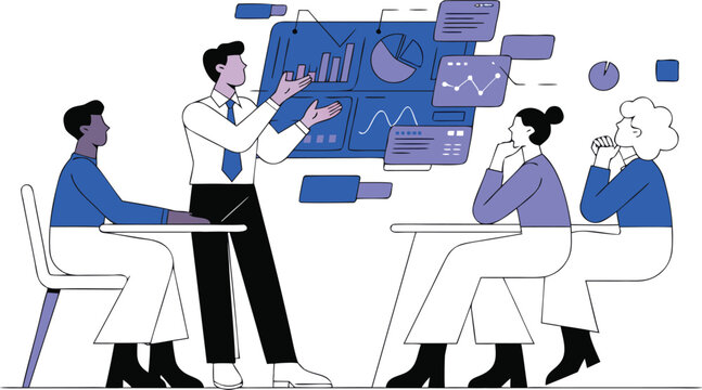 AI Business Strategy Meeting Flat Vector Illustration with Corporate Team and Digital Dashboard