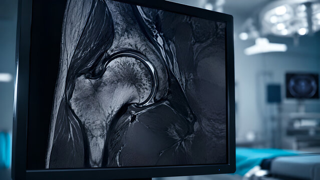 Hip joint femoroacetabular impingement radiology concept image showing labral contact zone on realistic MRI screen in clean clinical setting for orthopedic diagnosis, medical education, and patient ed