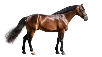 Majestic brown horse with black mane and tail wearing bridle, isolated on transparent background © Aliona
