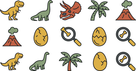 Cute Cartoon Dinosaur Icon Set with T-Rex, Brachiosaurus, Triceratops, Volcano, Fossil Egg, and Prehistoric Elements Vector Collection © MdRezaul