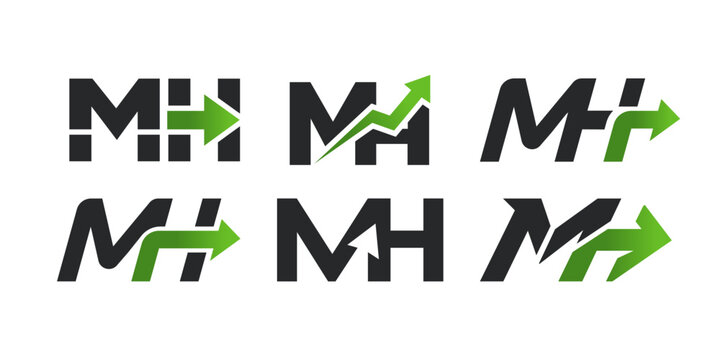 MH Letter Logo Set with Green Arrow Growth Design Vector
