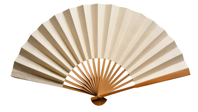 Natural beige paper folding fan with wooden ribs, isolated on transparent background