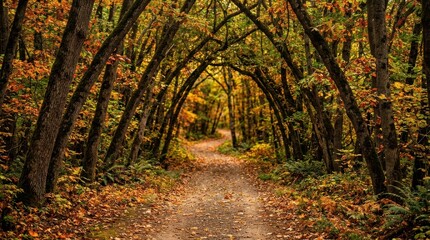 Naklejka premium Serene Autumn Forest Path with Colorful Foliage and Natural Archway.