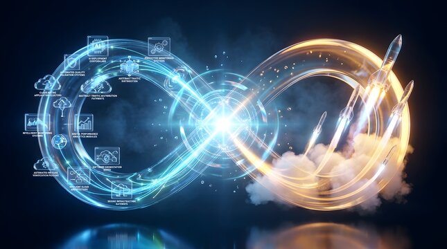 Futuristic software development infinity loop with glowing icons and rocket launch representing continuous integration and deployment in modern cloud systems