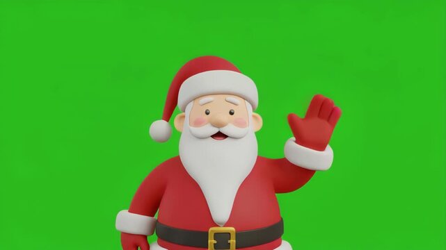 Animated Santa Claus waving hello from behind a white surface against a green screen backdrop for holiday greetings