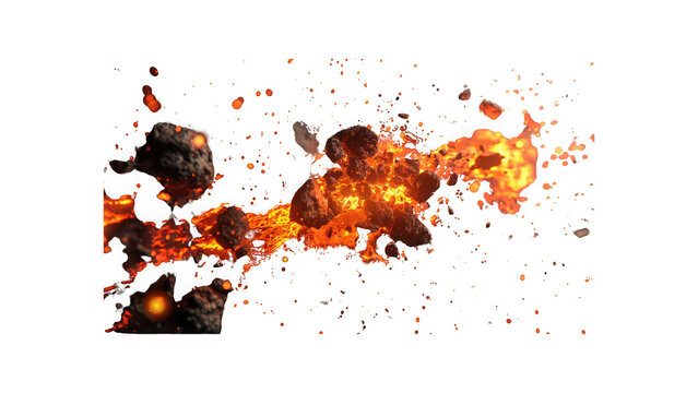 Molten lava explosion with flying debris on transparent background