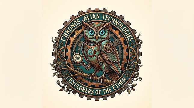 Steampunk mechanical owl emblem with gears and clockwork elements