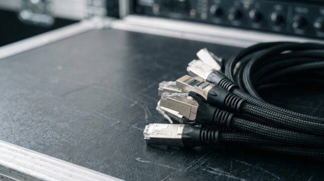 Coiled audio and ethernet cables on a rugged road case, ready for an event setup