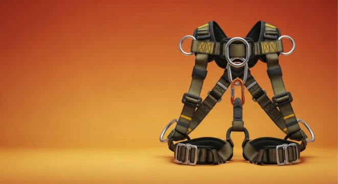 Professional full-body fall protection safety harness in a clean studio shot with ample copy space