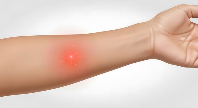 Close-up of a red, inflamed insect bite on a persons arm, showing skin irritation and swelling.