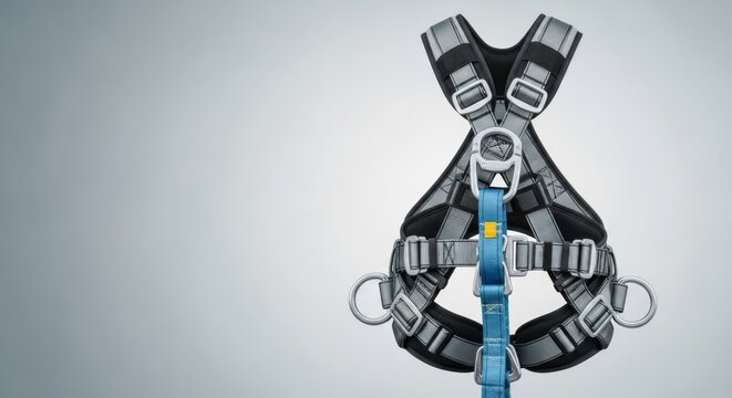 Professional full-body fall protection safety harness in a clean studio shot with ample copy space