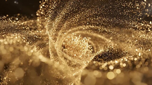 A swirling vortex of golden glitter particles dances in the darkness.