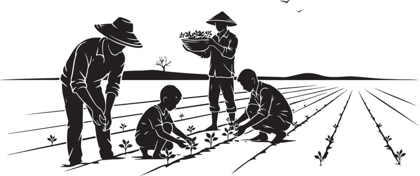 Black and white of farmers planting seedlings in a field