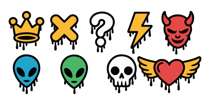 Colorful dripping graffiti stickers collection with heart crown alien and skull shapes for street design.