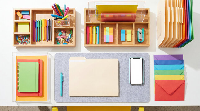 Bright Organized Desktop Workspace Containing Blank Folders Colored Envelopes And Modern Stationery Trays For Business