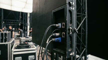 Fototapeta premium Close-up of professional LED screen display connections and cables at a stage event or concert