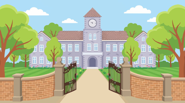 Cartoon school building with clock tower, open gate and green lawn