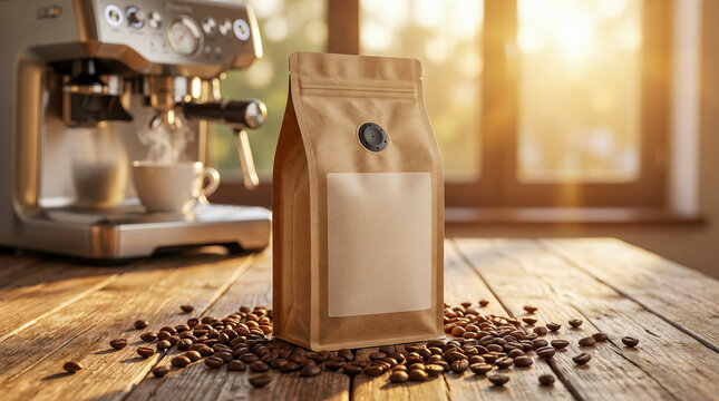 Mockup premium de bolsa de caf&eacute; con granos tostados y ambiente de cafeter&iacute;a artesanal.
