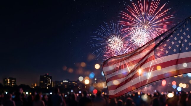 American flag waving before colorful fireworks with wide copy space. Perfect for Independence Day banners, patriotic celebrations, holiday advertising, greeting cards and promotional campaigns