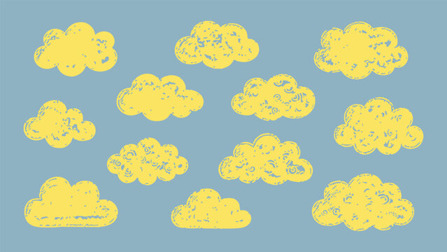 Collection of stylized black and white cloud illustrations, showcasing various shapes and forms of cumulus and stratus