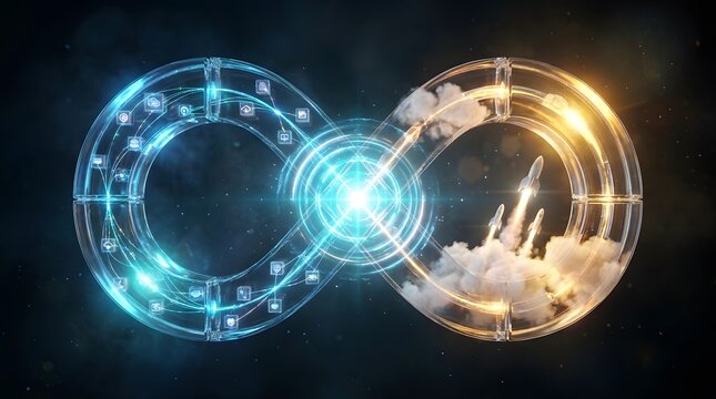 Futuristic infinity loop visualization representing devops software development lifecycle with cloud computing rockets and digital microservices architecture.