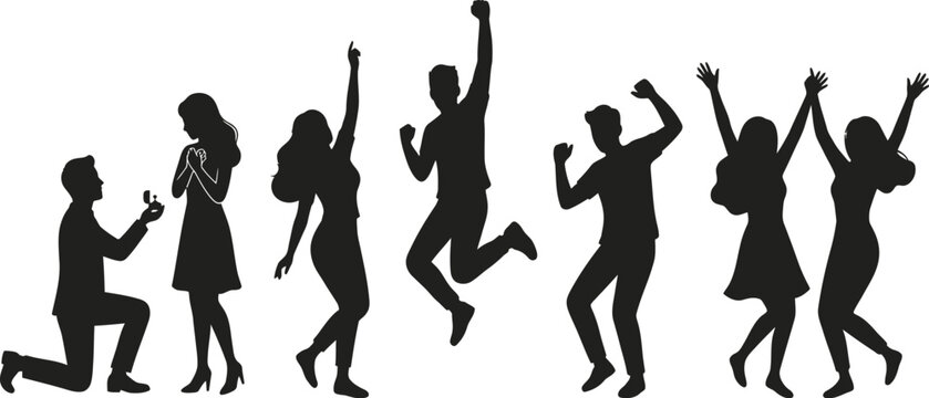 Black silhouettes of people celebrating and a man proposing on one knee