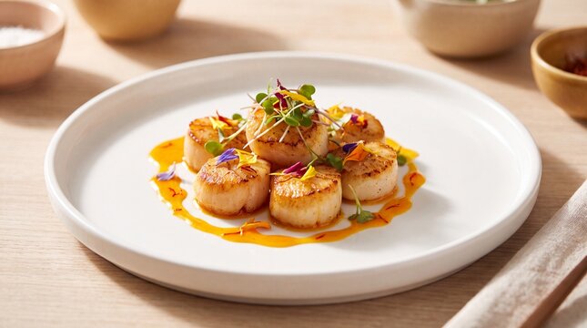 Seared scallop appetizer plated with microgreens and edible flowers on citrus butter sauce, elegant restaurant presentation with warm lighting and minimalist table setting