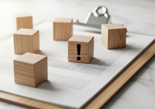 Wooden cubes with exclamation mark on document clipboard