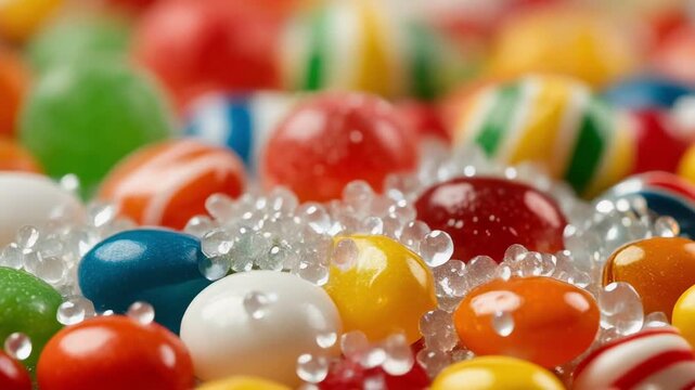 Firefly diving into a colorful world of sparkling candies and vibrant delightful sweets