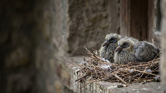 Two baby pigeons resting in a nest on a stone window ledge