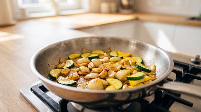 Sauteed zucchini and onion in stainless steel skillet on gas stove, steaming and golden with olive oil and garlic, warm home kitchen cooking scene full of savory aroma and natural light