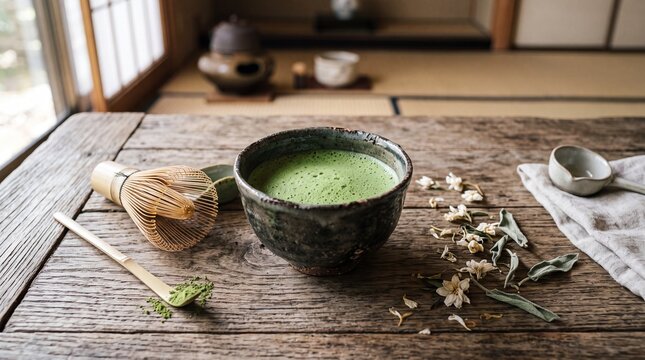 Handmade ceramic bowl of frothy green matcha tea with bamboo whisk and spoon on rustic wooden table, serene tea ceremony scene with dried flowers and soft natural light