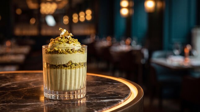 Pistachio mousse dessert in crystal glass layered with crushed pistachio and gold leaf garnish, elegant dimly lit restaurant setting, creamy texture and luxurious presentation