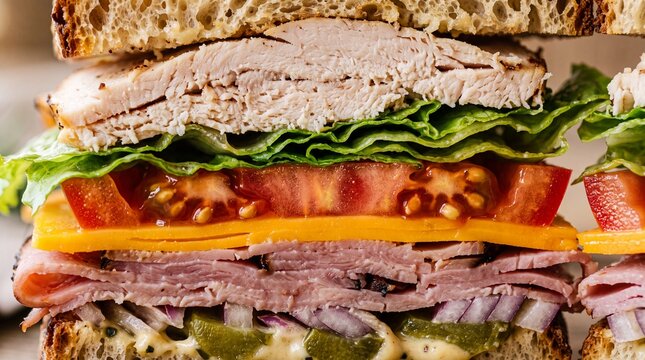 Grilled turkey and ham sandwich with lettuce, tomato, cheddar cheese and pickles on artisan bread, savory mustard and onion adding texture and appetizing appeal