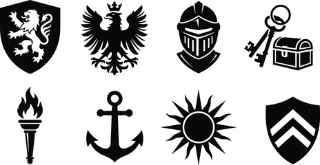 Naklejka premium Black Medieval Heraldic Silhouette Icons Set with Shields Knight Helmet Eagle Anchor and Treasure Symbols