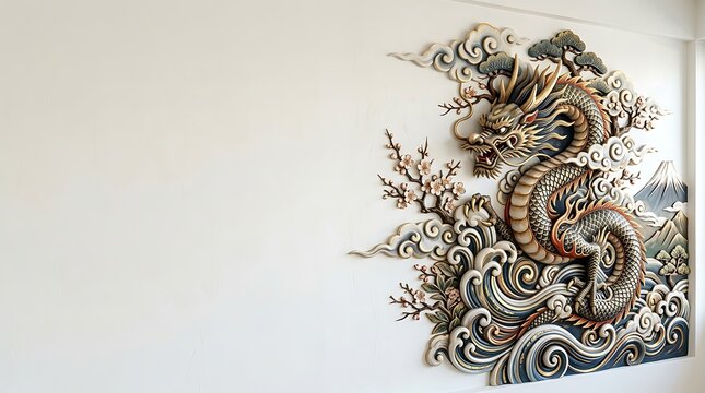 Traditional dragon wall relief with clouds and cherry blossoms