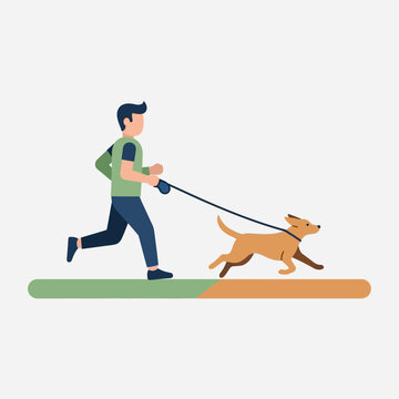Man Running with Dog Flat Vector Illustration