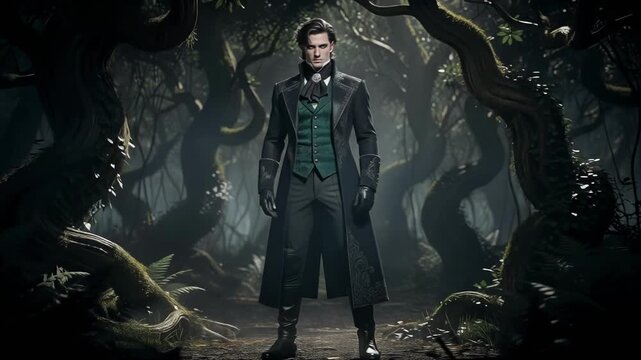 Mysterious figure in lavish coat standing in shadowy forest with glowing fireflies and twisting vines at night