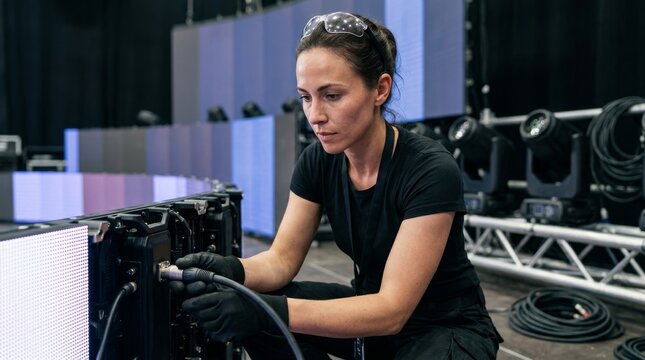 Female stage technician connecting cables on a large LED screen during event setup, wearing safety glasses and work gloves