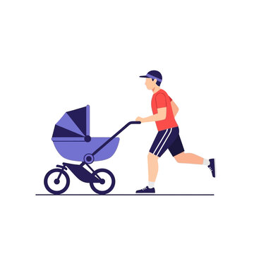 Man jogging while pushing a baby stroller vector illustration