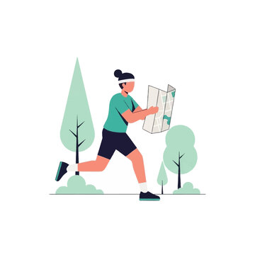 Woman running and looking at a map for navigation vector illustration