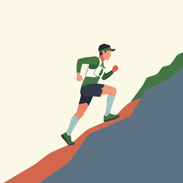 Male trail runner sprinting up a steep mountain slope vector