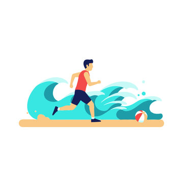 Athletic man running on sandy beach with ocean waves illustration