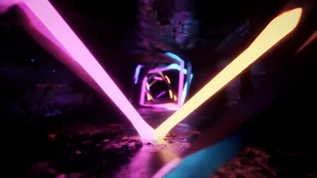 Abstract tunnel with glowing geometric shapes and neon lights.
