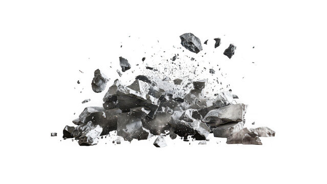 Gray rocks exploding on transparent background