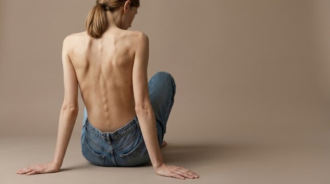 Against a neutral beige background, the spine and ribs of a very underweight individual are clearly visible, highlighting issues of health, malnutrition, and body image.