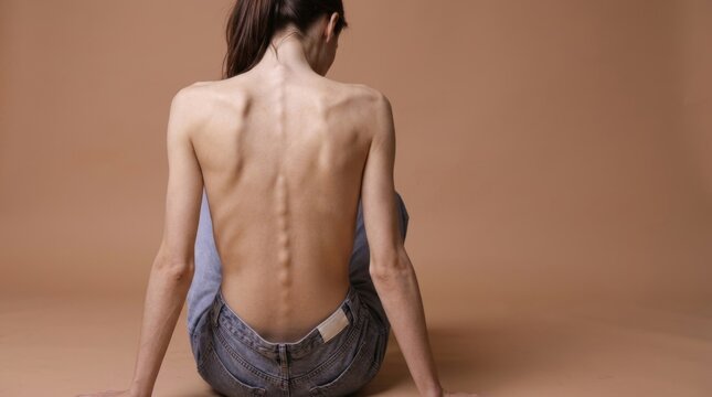 Against a neutral beige background, the spine and ribs of a very underweight individual are clearly visible, highlighting issues of health, malnutrition, and body image.